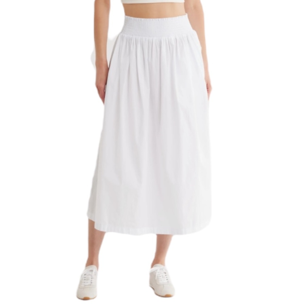 Calvin Klein Midi Skirt White Cotton Poplin Smocked Waist Full Skirt Size Small